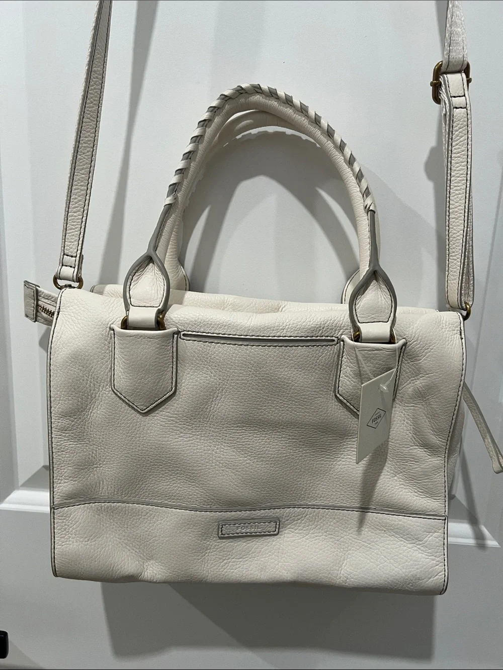 Fossil Cream Leather Trinity Satchel with Braided Top Handle NWT
